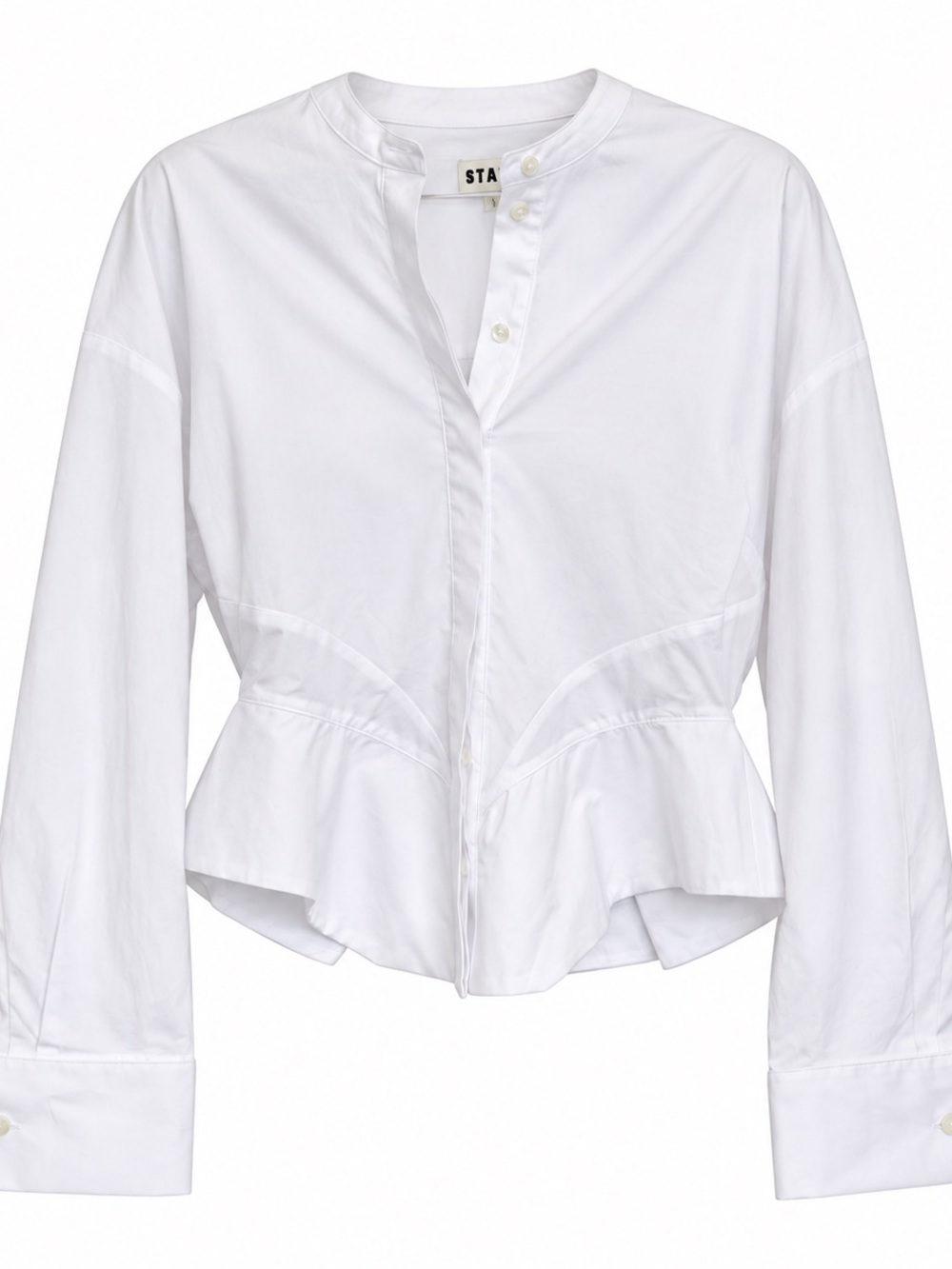 STAUD Rhys White Cotton Poplin Peplum Blouse Long Sleeve Button Front Size S